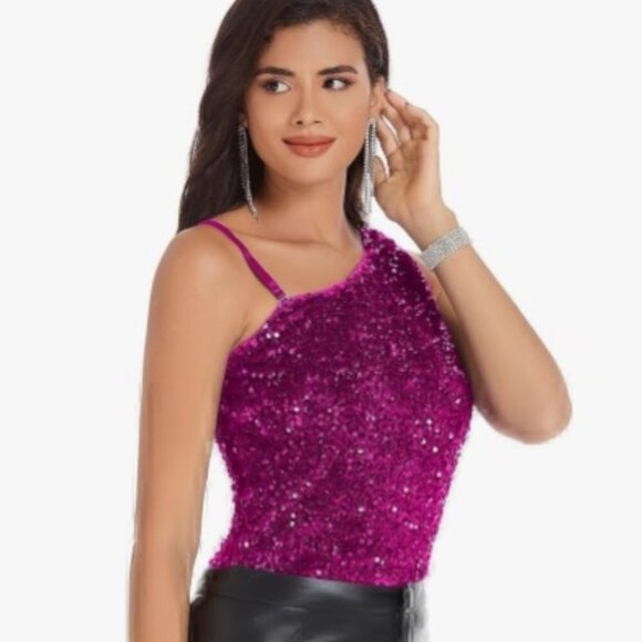 GRACE KARIN Women's Sequin Tank Tops One Shoulder Sleeveless Party Camisole XL - Picture 1 of 9